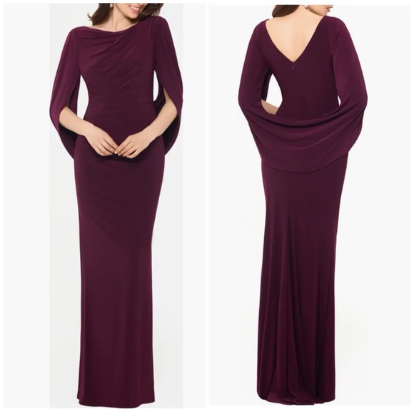 NWT Betsy & Adam Cape Long Sleeve Trumpet Gown Wine Cabernet Purple Sz 10 - Picture 1 of 13